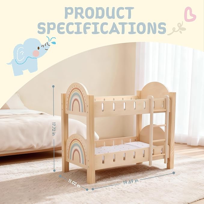 Freniland Wooden Doll Bunk Bed with Ladder & Bedding – Two-Level Doll Bed Includes 2 Mattresses & 2 Pillows, Pretend Play Furniture for 18 Inch Dolls