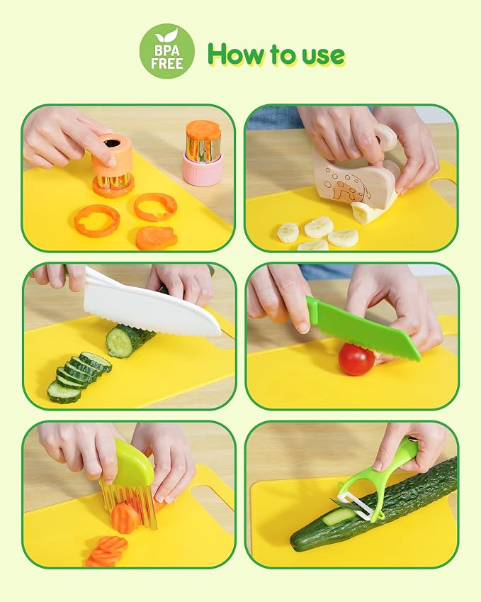 melican Kids Kitchen Knife Set, 11 Pcs Montessori Kitchen Tools for Toddlers 3+ Real Cooking, Include Kid Knives, Crinkle Cutter, Sandwich Cutters, Peeler, Cutting Board, Ideal for Birthday Gifts
