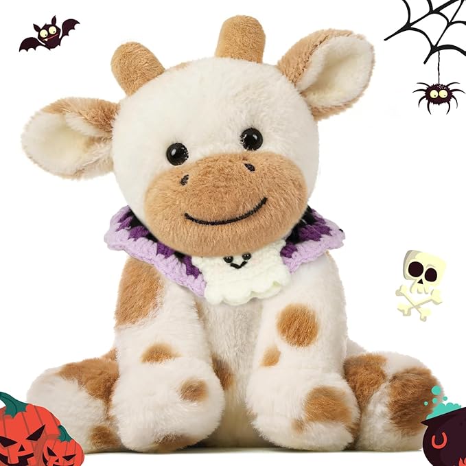 Hopearl Adorable Halloween Plush Cow Toy with Knitted Cute Ghost Bib Floppy Dairy Cattle Soft Stuffed Animal Kawaii Gifts for Boys Girls Kids Toddlers, Light Brown, 9''