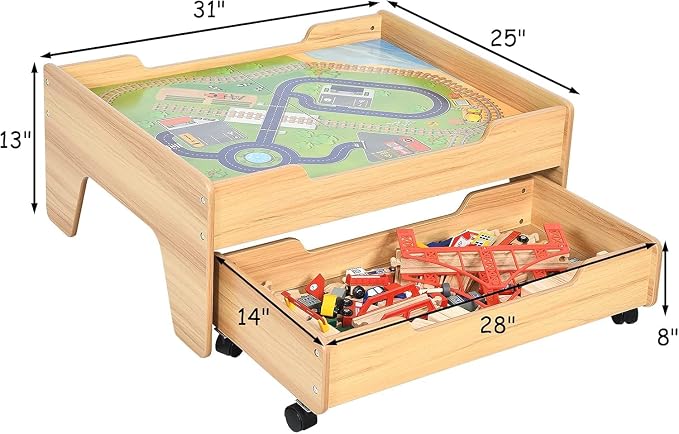 Costzon Train Table with 100 Multicolor Pieces, Wooden Kids Activity Table with Large Rolling Storage Drawer, Tracks, Cars, DIY Design, Train Set Table for Toddlers 3+, Gift for Boys Girls