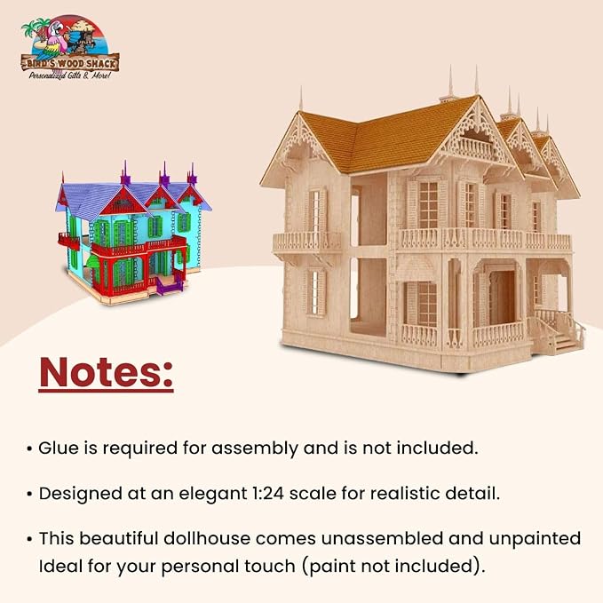 Birds Wood Shack The Victorian Gothic Mansion – Lightweight & Durable Model Kit - Available in 1:24 Scale - Challenging Puzzle Wooden Doll House | Made with Baltic Birch Wood