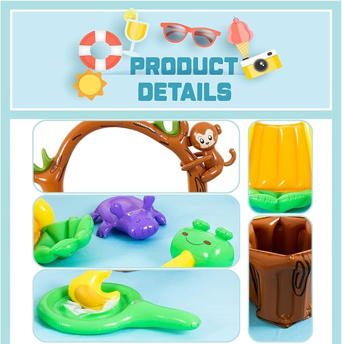 Inflatable Jungle Animal Play Center Outdoor Playhouse Inflatable Water Park with Kid Pool Slide, Sprinkler Toy with Base Pool, Monkey, Tree Stump for Garden Backyard