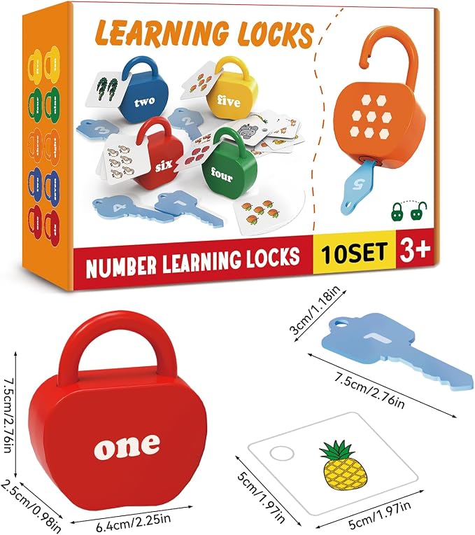 Montessori Lock and Key Toddler Toys, Cause and Effect Sensory Learning Toys for 1 2 3 Year Old, Number Counting & Matching Game, Fine Motor Skills Preschool Travel Activities