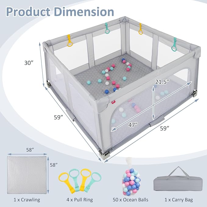 INFANS Foldable Baby Playpen with Mat, 59” x 59” Large Baby Play Yard for Infant with 50 Ocean Balls, 4 Handlers, Carry Bag, Indoor Outdoor Fence Toddler Activity Center (Gray, 59” x 59”)