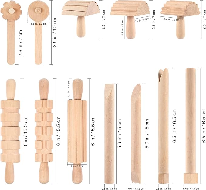 NUOBESTY Wooden Clay Tools Kids Wood Stamps Hand Rollers Plasticine Tools Pottery Molding Clay Accessories for Art DIY Crafts Activities 12pcs