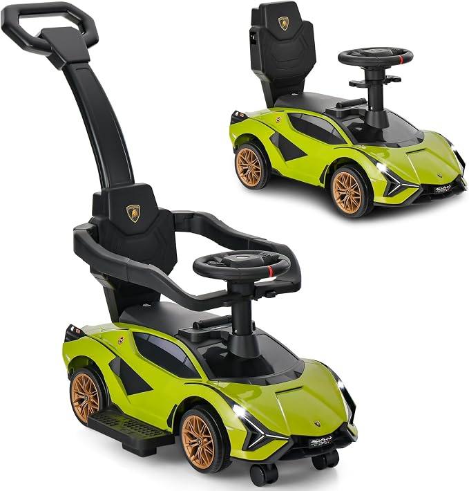 INFANS 3 in 1 Ride on Push Car, Licensed Lamborghini Baby Stroller Sliding Walking Car with Push Handle, Music, USB, Headlight, Under Seat Storage, Kids Foot-to-Floor Toy for 18-60 Months (Green)
