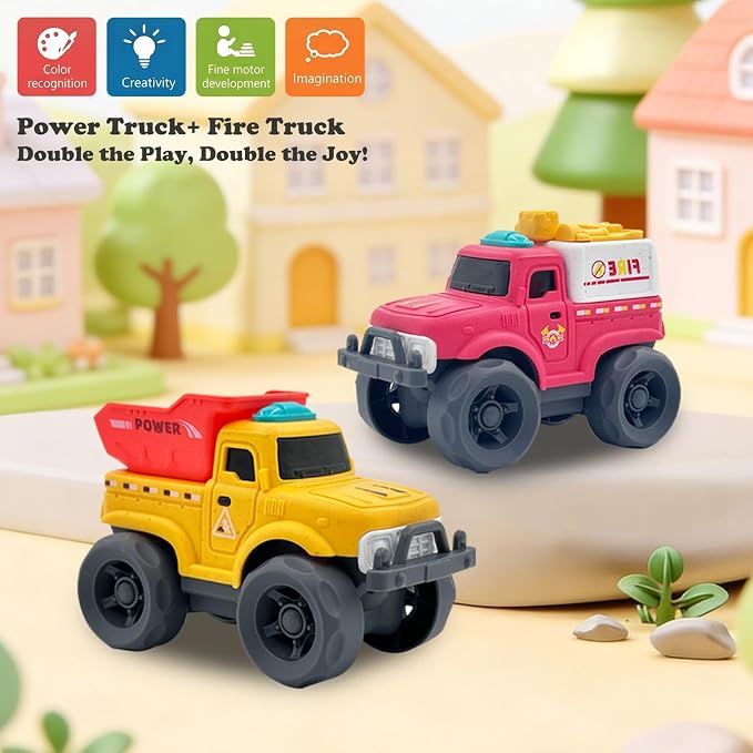 Aigitoy 2 Pack Toddler Cars for 1-3 Years, Power & Fire Truck Set | Construction Vehicles, NO BPA, Phthalates, PVC, Recycled Plastic Toy, 18M+ Outdoor Toys, Xmas Birthday Gift for Boys Girls