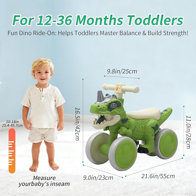 Dinosaur Balance Bike for 1-3 Year Olds, 4-Wheel No-Pedal Bike for Walker, Ride on Toys for Toddlers with Music and Mist Spray, First Birthday Gift for Boys & Girls (Green)