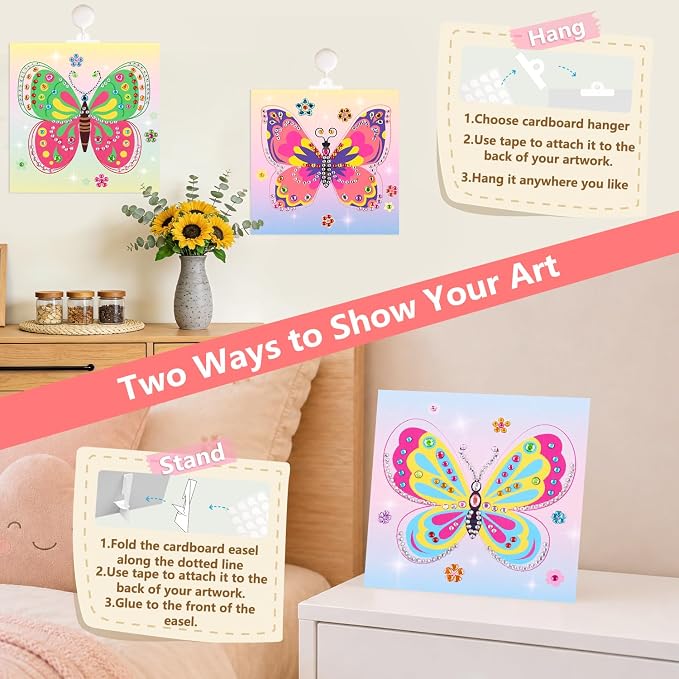 Marlrin Butterfly Gem Crafts for Girls Ages 4-8, Diamond Art Kit for Kids | 8 Pack Easy Gem Sticker Arts, 1000+ Gems, Peel & Stick No Mess, Hang & Display Stand, Party Favor, Birthday Gift for Girls