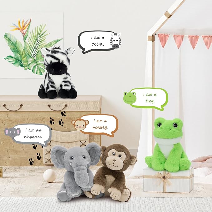 MaoGoLan 4Pcs Small Stuffed Animals Bulk, Safari Jungle Animal Plush Toys Set - Elephant Monkey Zebra Frog, Soft 8" Zoo Stuffed Animals for Kids, Birthday Party Favors Classroom Rewards