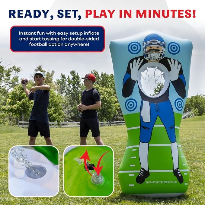 Preferred Toys 65” Inflatable Football Target Net Toss Game - Double-Sided Throwing Practice Football Stuff with Mini Balls - Backyard Tailgate Party Sports Toy for Kids & Adults