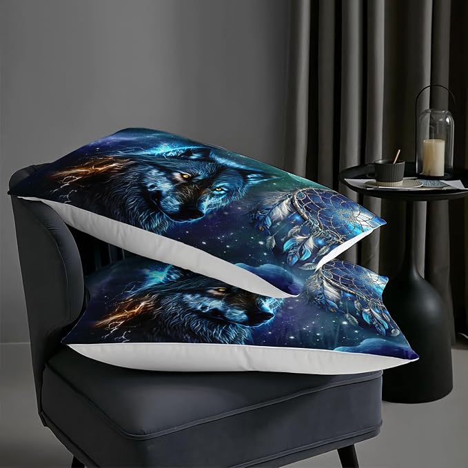 AILONEN Wolf Dream Catcher Comforter Set Twin Size, Blue Galaxy Wolf Bedding Set for Boys, Outer Space Comforter Sets Wild Animals Duvet Set 3 Pieces, 1 Quilt and 2 Pillowcases