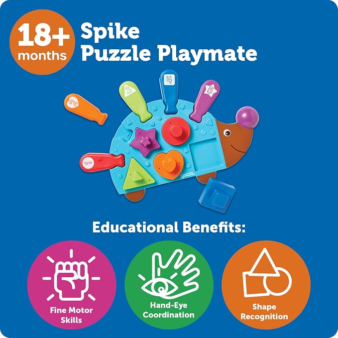 Learning Resources Spike the Fine Motor Hedgehog Puzzle Playmate - 11 Pieces,Ages 18+ Months Fine Motor Game, Color and Shape Recognition Toddler Montessori Toys