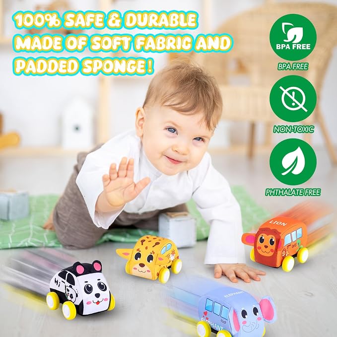 Jetbotell Soft Pull Back Vehicle Set for Toddler Toys Age 1-3 | 4 Cute Animal Cars | Vibrant Animal Designs | Safety & Easy Cleaning | Fine Motor Skills | Simply Pull Back and Release!
