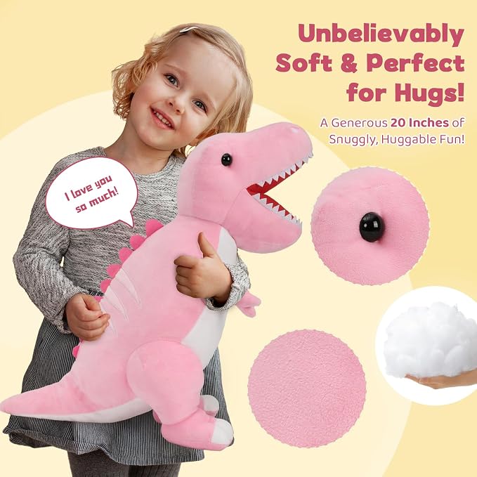 MorisMos Dinosaur Stuffed Animal with Babies Inside Belly, 23.6'' Interactive Talking Mommy Stuffed Dino T-rex Plush with 3 Baby Dinos & Eggs, Boy Girl Dinosaur Toys for Kids 3-8, Pink T-rex Toys Gift