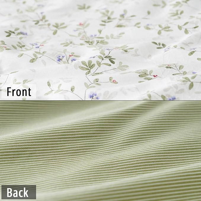 LEMIROE Botanical Cotton Comforter King Size - Tender Green Comforter Printed with Leafy Branches & Purple Stamens on Off-White,Reversible Lightweight Bedding Sets 3Pcs