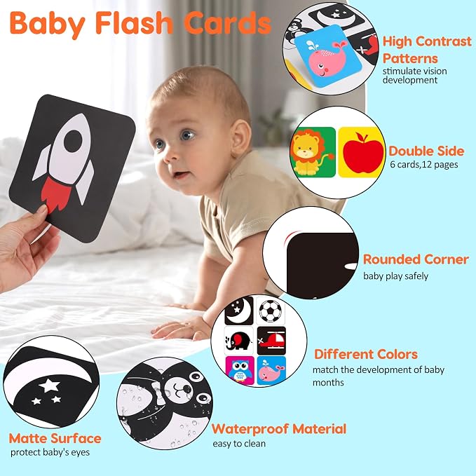 Black and White High Contrast Baby Books Flash Cards Tummy Time Mirror Toys Newborn Toys 0 6 Months Brain Development Infant Stimulating Sensory Toy 0-3 3-6 2 4 5 Month Old Essential