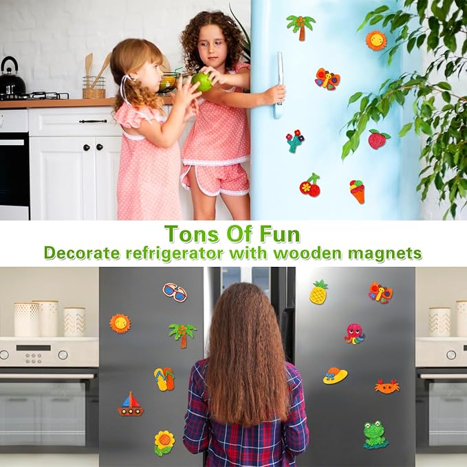 Worgree Summer Crafts for Kids, 36 Pcs DIY Wooden Magnets Art Craft Supplies Painting Kit for Boys Girls Ages 4-8 8-12 Birthday Party Gifts Summer Activities School Classroom Prizes