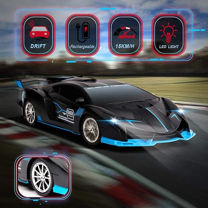 Remote Control Car for Boys Fast 1/18 Scale Rechargeable RC Vehicle Cars Toys Xmas Gifts for Kids High Speed with Headlights (Black Blue)