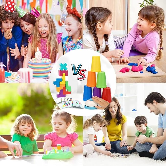 Cup Stacking Game Set with Cards and Bell, Quick Stack Speed Game + Building Blocks Puzzle 2-in-1, Family Party Game for Kids Ages 3-8, STEM Educational Toy 48 Pieces