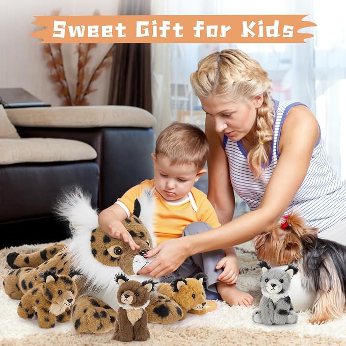 Muiteiur 5 Piece Lynx Stuffed Animals, Soft Bobcat Stuffed Animals with Babies,18-inch Plush Toy for Kids Girls Boys, Fun Gift for Birthday Children Day