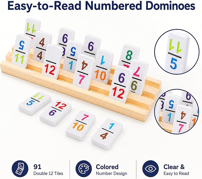 Mexican Train Dominoes Set Double 12 Number Domino Tiles, 91 Colorful Number Dominos Tiles with 8 Wooden Racks, Hub & Trains, Portable Domino Game Set for Adults Kids Families