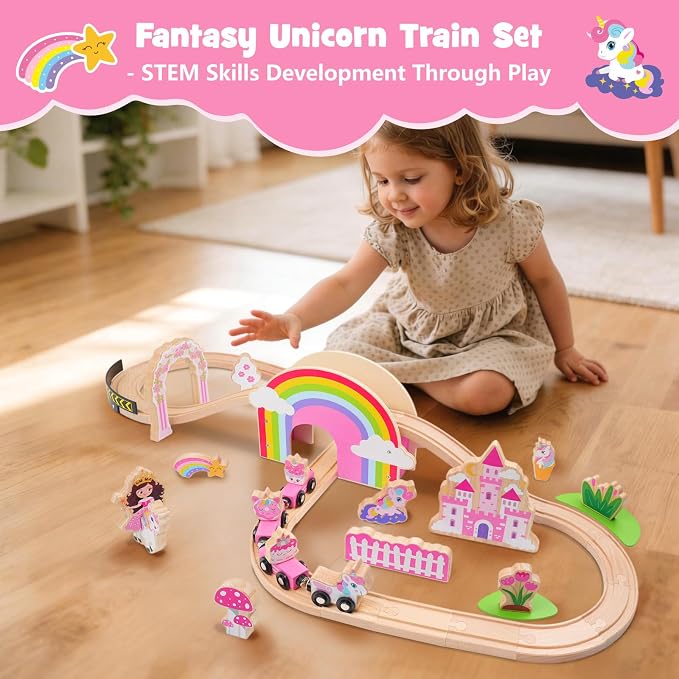 SIMPLIPLAY Wooden Train Set, 43PCS Unicorn Toy Train Set with Crash Barrier | Magnetic Wooden Train with Tracks & Bridge for Girls Toddlers, Enhance Fine Motor Skills, Ideal for Birthday Christmas