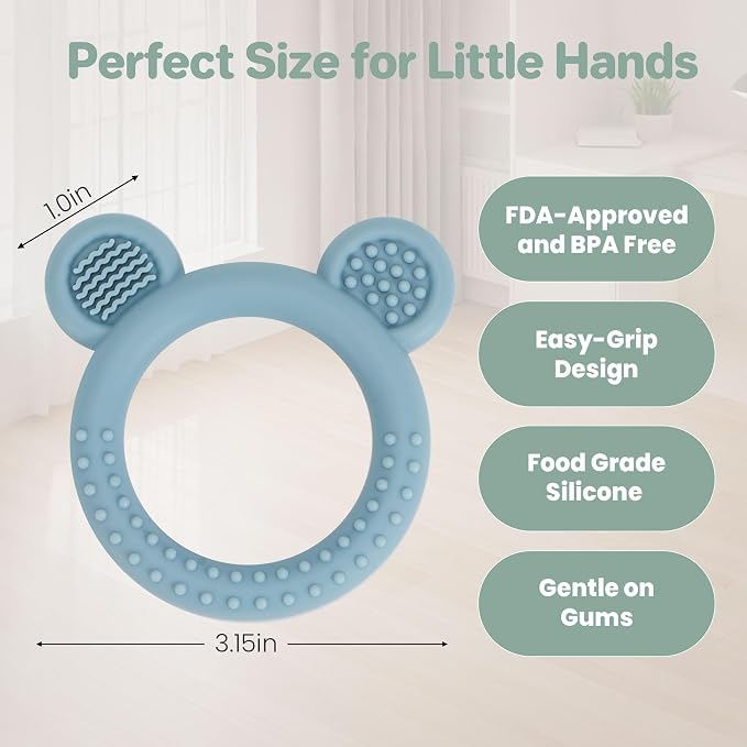 Eascrozn Baby Teething Toys Set of 3, Teethers for Babies 3-6 6-12 Months, BPA Free Soft and Textured Bear Teething Rings Silicone Teething Relief Soothing Sore Gums Baby Chew Toys