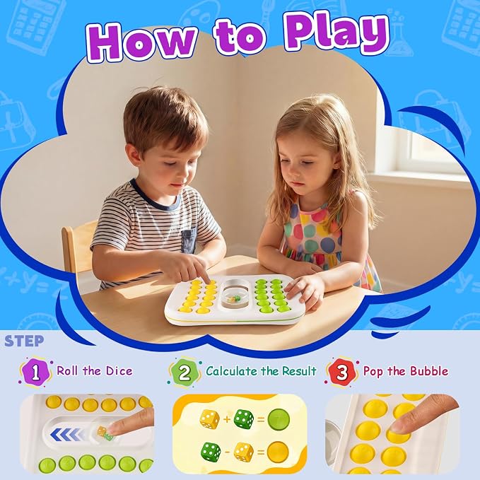 Kiditos Pop Math Game for Kids Ages 4–8, Fidget Math Board Game with Built-in Dice, Addition & Subtraction Learning Toy, Sensory STEM Toy for Classroom, Homeschool & Travel