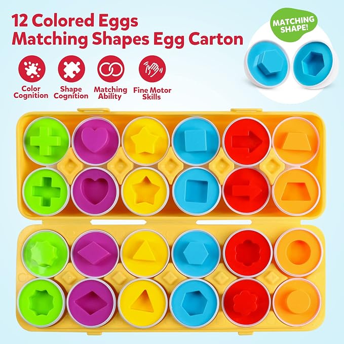 Matching Eggs Color and Shape Recoginition Sorter Puzzle Easter Eggs Sensory Toys Early Learning Educational Fine Motor Skill Montessori Geometric Eggs for Toddlers Boys Girls (12 Shape Eggs)