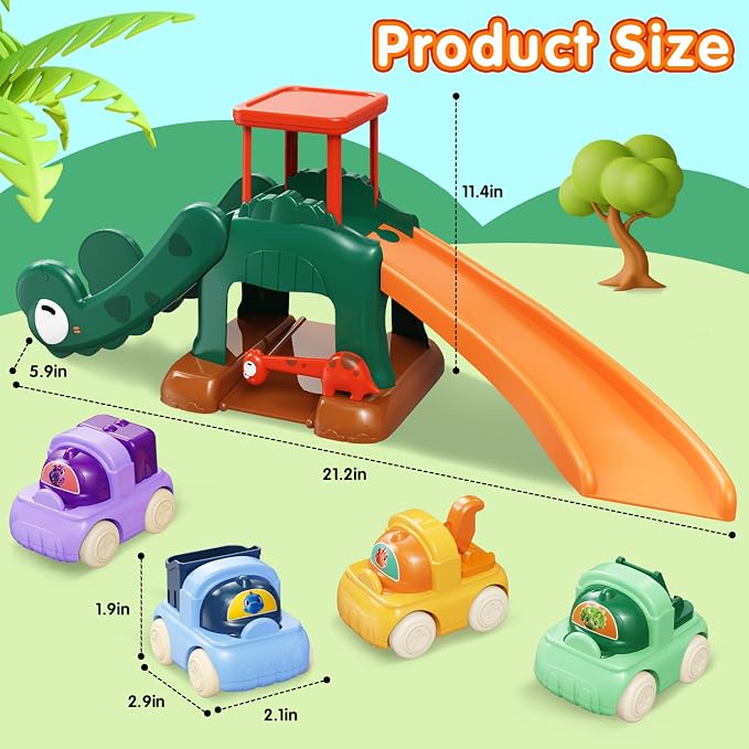 Dinosaur Car Ramp Slide Toy for Toddlers — 4 Push Cars with Race Track, Baby Slide Indoor Toy, Montessori Learning Birthday Gift for Boys Girls 1 2 3 Year Old (Green)