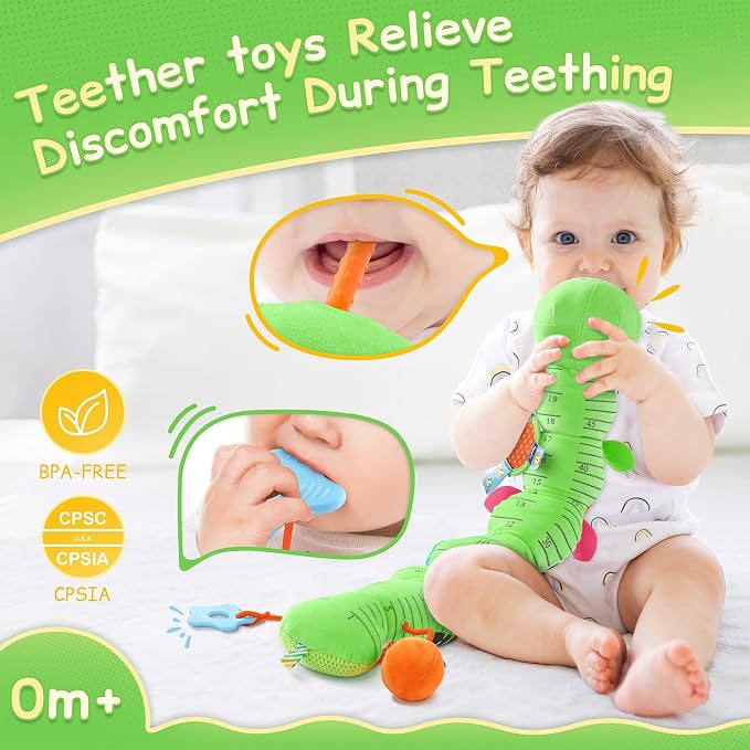 Baby Sensory Musical Caterpillar Plush Toy, Soft Stuffed Animal with Mirror Crinkle Paper Rattle Teether, Tummy Time Play Toy for 0-12 Months Newborn Infant, Baby Shower Gift for Boys Girls, Green