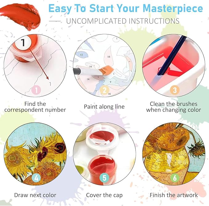 Paint by Numbers Kit for Adults Kids, 4 Pack Van Gogh Adults Paint by Numbers Kits,Number Artist Flowers and Plants Without Frame DIY Acrylic Oil Painting Number Kits for Home Wall Decor Gifts 12x16in
