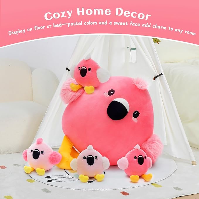 Tezituor Pink Flamingo Stuffed Animal, 5 in 1 Flamingo Plush Toy Pillow with 4 Babies, Zippered Tummy Mommy Flamingo Plushie Gift for Girls Kids, Mother’s Day Valentine’s Day Birthday Christmas