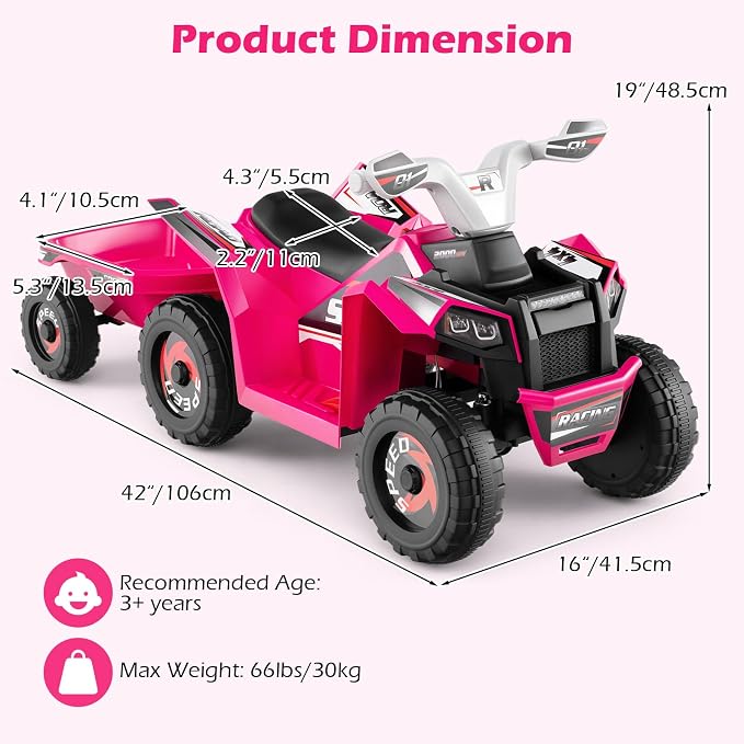OLAKIDS 6V Kids ATV with Removable Trailer, Forward Backward Function, Widened & Wear-Resistant Wheels, Ride On Toy for Toddlers (Pink)