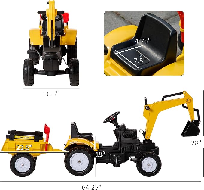 Aosom Digger Ride-on Truck Kids Car with Horn, Excavator Ride-on Toy, Imaginative Toy Construction Car, 6 Wheels & Detachable Trailer, Yellow
