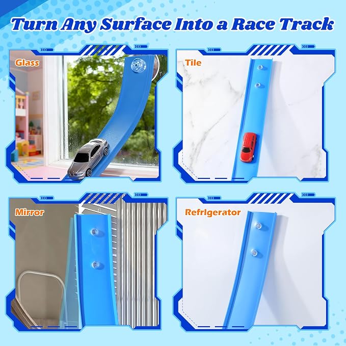 Flex Track 12 Ft Starter Set: Portable Rolls Up Race Tracks for Kids 3+ - DIY Race Car Ramp Track with Suction Cups - Flexible Race Track Compatible with Diecast 1/64th Cars - Birthday Gift for Boys