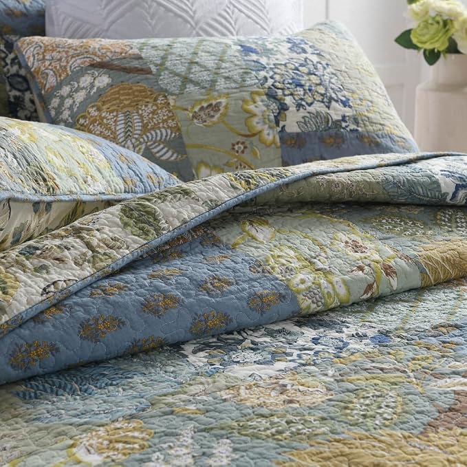 Cotton Bedspread Quilt Bedding Sets Reversible Coverlet Sets Comforters Rustic Paisley Floral Patchwork Sage Green Bedspread, Queen Size