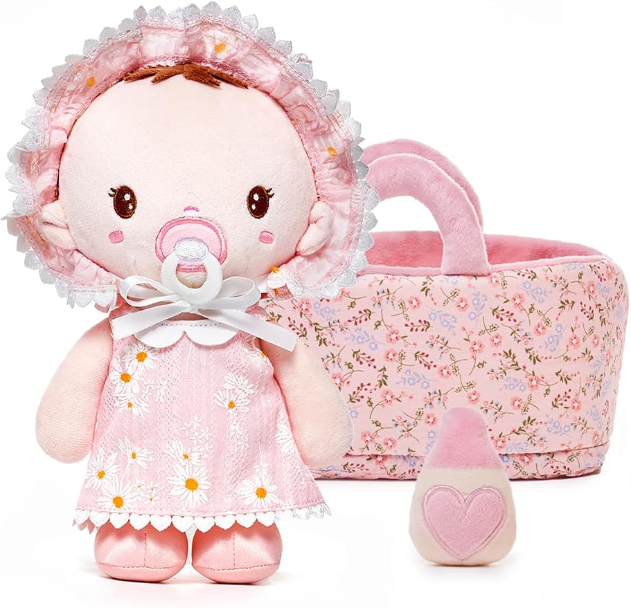 LeyaDoll 9'' Soft Baby Doll Toys for 1 Year Old Girl, Pretend Playset with Plush Doll, Bassinet, Blanket and Bottle, Perfect Birthday for Toddlers & Infants