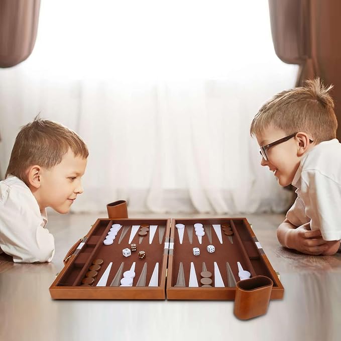 Backgammon Set - Classic Board Game with Premium PU Leather Case & Portable Travel Strategy Backgammon Game Set for Adults, Kids Family Game Night, Vacation & Giftss (11inch Small, Brown)