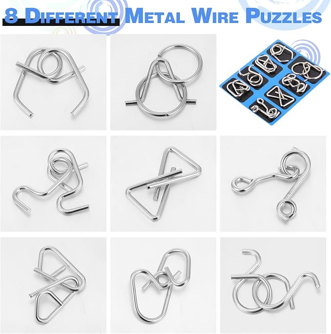 Metal Wire Puzzle Set of 8 with Pouch, Brain Teaser Puzzles IQ Test Ring Disentanglement Unlock Interlock Game Trick Metal for Party Favor Challenge(C Style)