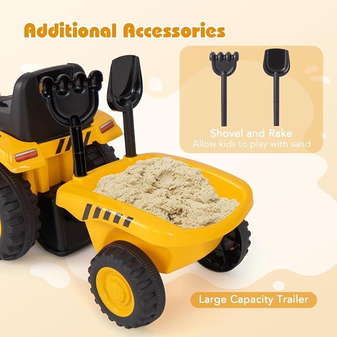 Costzon Kids Ride on Tractor, 2-in-1 Licensed Caterpillar Ride on Push Car w/Detachable Trailer, Horn, LED Lights, Rake & Shovel, Foot-to-Floor Sliding Car Gift w/No Power, Ride on Toy for Toddlers