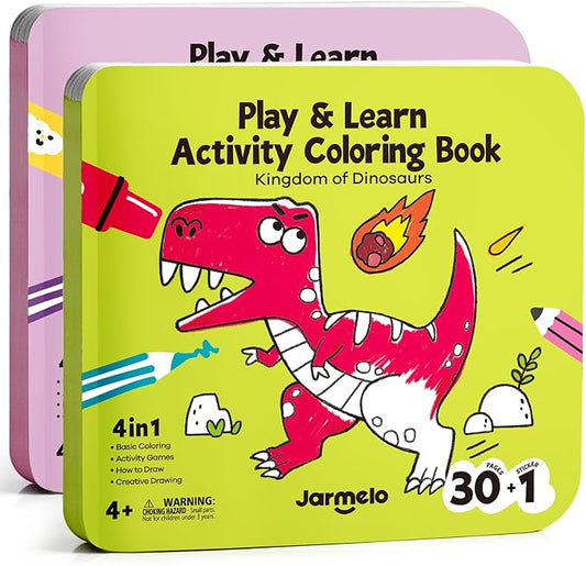 Jar Melo Dinosaur & Princess Coloring Books Set for Kids Ages 4–8, 2 Pack Fun & Learning Activity Books for Kids, Includes Colorful Backgrounds, Stickers & Reward Certificate