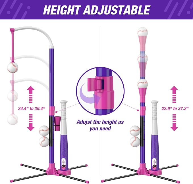 HYES 4 in 1 T Ball Sets for Kids 3-5 with Toss and Catch Ball Set, Hanging Tee Stand with Auto Pitching Machine/ 2 Bats, Indoor Outdoor Toys Baseball Gifts for Toddler Boys Girls, Purple