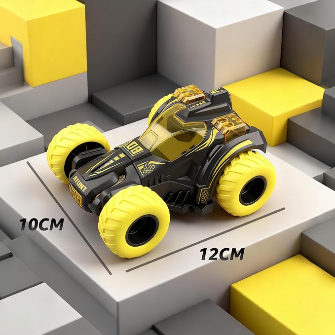 Friction Powered Flip Stunt Car, Push and Go Toy Car with 360° Upright Spin, Dual-Sided Rotating Off-Road Vehicle, No Batteries Required, Toy Car for Boys & Girls Ages 3 (Yellow)