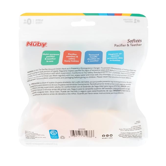 Nuby Silicone Softees Pacifier and Teethers - (5-Pack) Silicone Baby Pacifiers and Teethers - 0+ Months - Assorted Colors