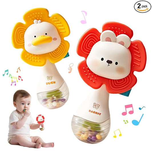 weirtoya 2 PCS Baby Rattles Teething Toys 3-6 Month, Baby Toys for 0-6 Months Infant Toy Sensory Toys with Beads Grasping Shaker, Newborn Must Haves Montessori Toys Babies Gifts