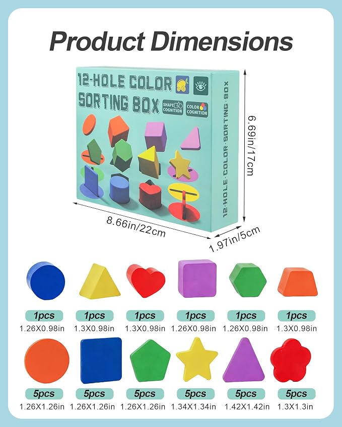 12-Hole Color Shape Sorting Box – Montessori Toy for Toddlers 3-5 Years, Geometric Colors & Shapes Learning Game, Fine Motor Activity for Preschool Classroom, Birthday Gift for Boys and Girls