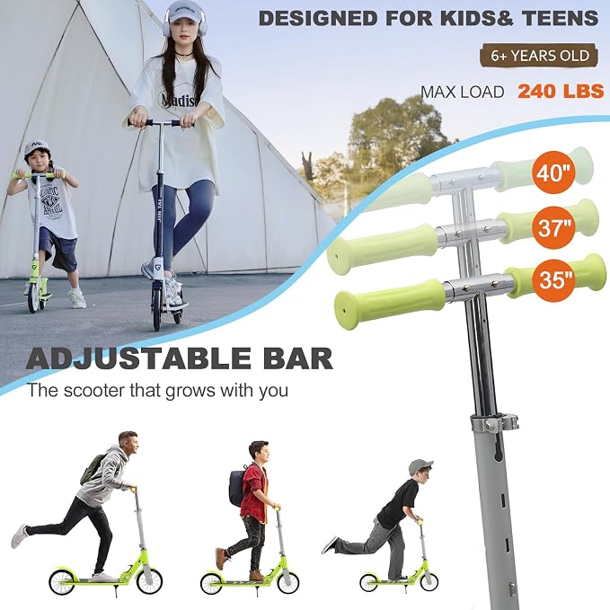 Kick Scooter for Ages 6+,Kid, Teens & Adults, Foldable, Lightweight 8IN Big Wheel Scooters -Max Load 260 LBS, Height Adjustable, Bearing ABEC9