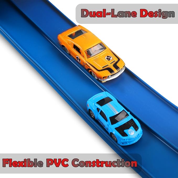 Flexible Race Track 15 Ft Starter Set, Flex Tracks for Kids 3+ with Strong Suction Cups, Flexible Car Race Ramp Track Compatible with Hot Wheels and Diecast 1/64 Cars, Portable Rolls Up Race Tracks